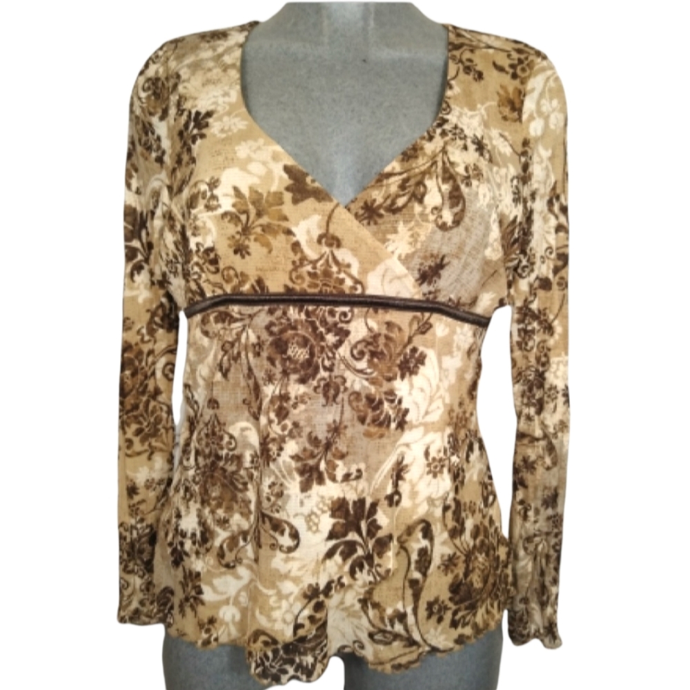 Axcess western floral print tan blouse size "L".